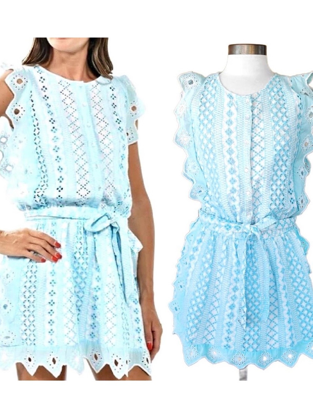 Barok Paris Chloe Laetitia Light Blue Eyelet Lace Belted Mini Dress